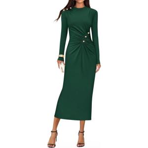 ZESICA Womens 2026 Fall Long Sleeve Mock Neck Bodycon Midi Dress Ruched Knit Elegant Party Cocktail Formal Dresses(Green)