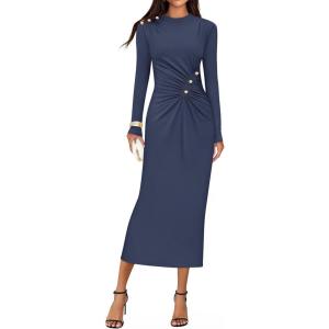 ZESICA Womens 2026 Fall Long Sleeve Mock Neck Bodycon Midi Dress Ruched Knit Elegant Party Cocktail Formal Dresses(Navy)