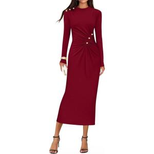 ZESICA Womens 2026 Fall Long Sleeve Mock Neck Bodycon Midi Dress Ruched Knit Elegant Party Cocktail Formal Dresses(Red)