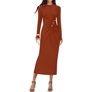 ZESICA Womens 2026 Fall Long Sleeve Mock Neck Bodycon Midi Dress Ruched Knit Elegant Party Cocktail Formal Dresses(Rust)