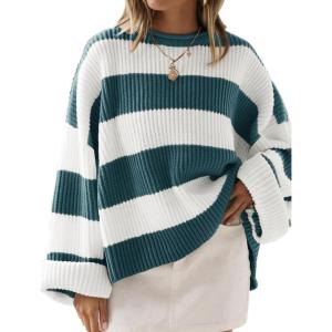 ZESICA Women’s 2026 Fall Long Sleeve Oversized Striped Color Block Comfy Loose Crew Neck Knitted Pullover Sweater(Greygreen)