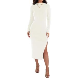 ZESICA Women’s 2026 Ribbed Knit Dress Long Sleeve Mock Neck Slim Fit Side Slit Fall Elegant Sweater Dresses(Ivory)