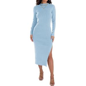 ZESICA Women’s 2026 Ribbed Knit Dress Long Sleeve Mock Neck Slim Fit Side Slit Fall Elegant Sweater Dresses(Lightblue)