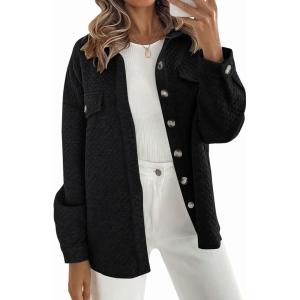 ZESICA Women’s 2026 Spring Casual Long Sleeve Button Down Loose Lightweight Shacket Shirt Jacket Coat Outerwear with Pockets(Black)