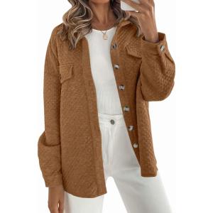 ZESICA Women’s 2026 Spring Casual Long Sleeve Button Down Loose Lightweight Shacket Shirt Jacket Coat Outerwear with Pockets(Tan)