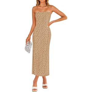 ZESICA Women’s 2026 Summer Boho Floral Strapless Bodycon Midi Dress Off Shoulder Tube Beach Cocktail Party Long Dresses(Khaki)