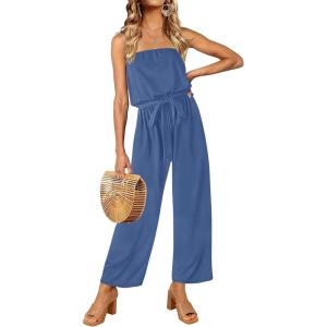 ZESICA Women’s Casual Off Shoulder Solid Color Strapless Belted Wide Leg Jumpsuit Romper(Dustyblue)