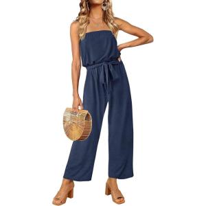 ZESICA Women’s Casual Off Shoulder Solid Color Strapless Belted Wide Leg Jumpsuit Romper(Navyblue)