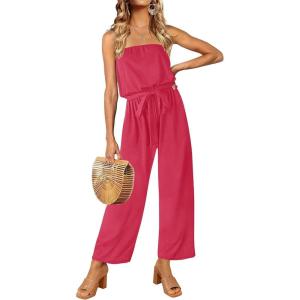 ZESICA Women’s Casual Off Shoulder Solid Color Strapless Belted Wide Leg Jumpsuit Romper(Teaberry)