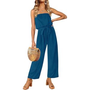ZESICA Women’s Casual Off Shoulder Solid Color Strapless Belted Wide Leg Jumpsuit Romper(Teal)
