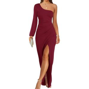 ZESICA Women’s One Shoulder Long Sleeve Cocktail Dress Sexy High Slit Ruched Bodycon Wedding Guest Maxi Dresses(Wine)