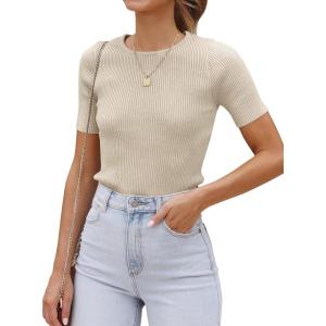 ZESICA Women’s Short Sleeve Sweater Tops 2026 Summer Crewneck T Shirt Ribbed Knit Slim Fit Basic Solid Color Tee(Almond)