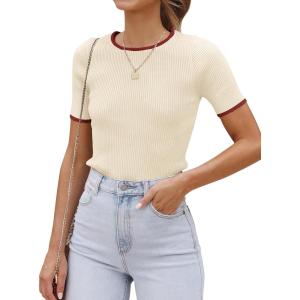ZESICA Women’s Short Sleeve Sweater Tops 2026 Summer Crewneck T Shirt Ribbed Knit Slim Fit Basic Solid Color Tee(Apricot)