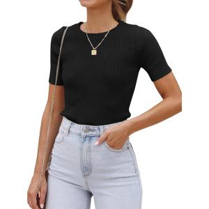 ZESICA Women’s Short Sleeve Sweater Tops 2026 Summer Crewneck T Shirt Ribbed Knit Slim Fit Basic Solid Color Tee(Black)