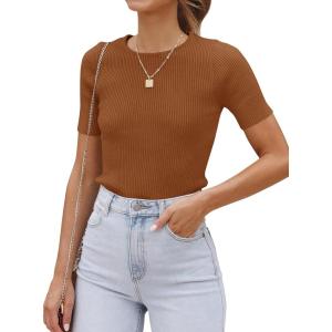 ZESICA Women’s Short Sleeve Sweater Tops 2026 Summer Crewneck T Shirt Ribbed Knit Slim Fit Basic Solid Color Tee(Brown)