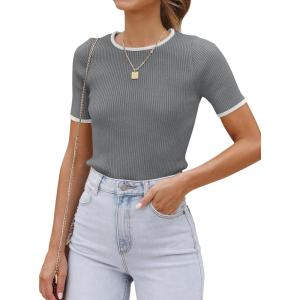 ZESICA Women’s Short Sleeve Sweater Tops 2026 Summer Crewneck T Shirt Ribbed Knit Slim Fit Basic Solid Color Tee(Darkgrey)
