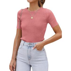 ZESICA Women’s Short Sleeve Sweater Tops 2026 Summer Crewneck T Shirt Ribbed Knit Slim Fit Basic Solid Color Tee(Dustypink)