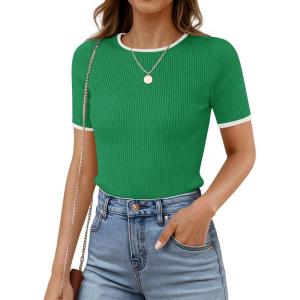 ZESICA Women’s Short Sleeve Sweater Tops 2026 Summer Crewneck T Shirt Ribbed Knit Slim Fit Basic Solid Color Tee(Green)