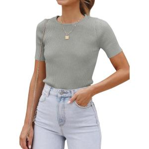 ZESICA Women’s Short Sleeve Sweater Tops 2026 Summer Crewneck T Shirt Ribbed Knit Slim Fit Basic Solid Color Tee(Grey)