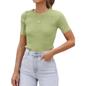 ZESICA Women’s Short Sleeve Sweater Tops 2026 Summer Crewneck T Shirt Ribbed Knit Slim Fit Basic Solid Color Tee(Mossgreen)