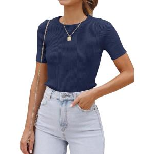 ZESICA Women’s Short Sleeve Sweater Tops 2026 Summer Crewneck T Shirt Ribbed Knit Slim Fit Basic Solid Color Tee(Navy)