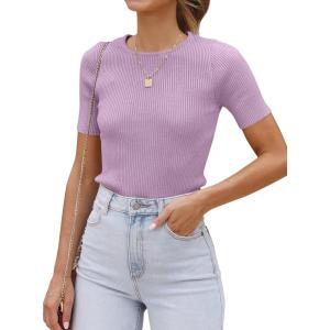 ZESICA Women’s Short Sleeve Sweater Tops 2026 Summer Crewneck T Shirt Ribbed Knit Slim Fit Basic Solid Color Tee(Purple)