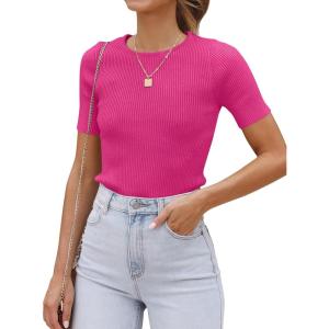 ZESICA Women’s Short Sleeve Sweater Tops 2026 Summer Crewneck T Shirt Ribbed Knit Slim Fit Basic Solid Color Tee(Rose)