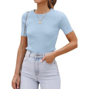 ZESICA Women’s Short Sleeve Sweater Tops 2026 Summer Crewneck T Shirt Ribbed Knit Slim Fit Basic Solid Color Tee(Skyblue)
