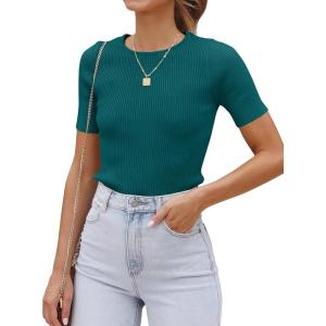 ZESICA Women’s Short Sleeve Sweater Tops 2026 Summer Crewneck T Shirt Ribbed Knit Slim Fit Basic Solid Color Tee(Teal)