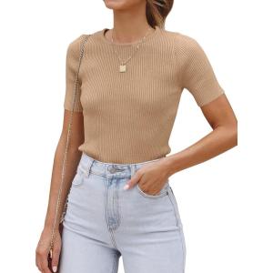 ZESICA Women’s Short Sleeve Sweater Tops 2026 Summer Crewneck T Shirt Ribbed Knit Slim Fit Basic Solid Color Tee(Toffee)