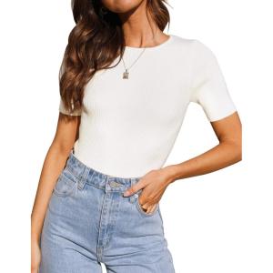 ZESICA Women’s Short Sleeve Sweater Tops 2026 Summer Crewneck T Shirt Ribbed Knit Slim Fit Basic Solid Color Tee(White)