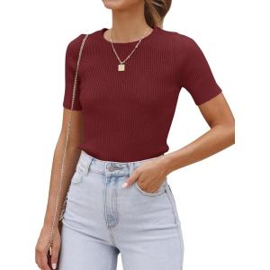 ZESICA Women’s Short Sleeve Sweater Tops 2026 Summer Crewneck T Shirt Ribbed Knit Slim Fit Basic Solid Color Tee(Wine)