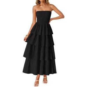 ZESICA Women‘s Summer Boho Strapless Maxi Dress 2026 Casual Sleeveless Off Shoulder Smocked Tiered Beach Long Sundress(Black)