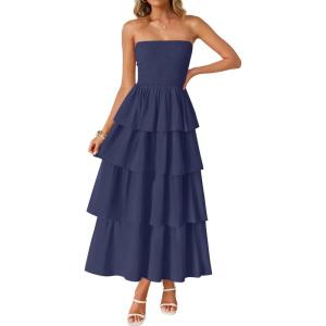 ZESICA Women‘s Summer Boho Strapless Maxi Dress 2026 Casual Sleeveless Off Shoulder Smocked Tiered Beach Long Sundress(Navy)