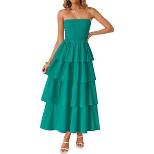 ZESICA Women‘s Summer Boho Strapless Maxi Dress 2026 Casual Sleeveless Off Shoulder Smocked Tiered Beach Long Sundress(Peacock)