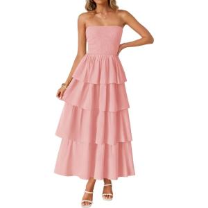 ZESICA Women‘s Summer Boho Strapless Maxi Dress 2026 Casual Sleeveless Off Shoulder Smocked Tiered Beach Long Sundress(Pink)