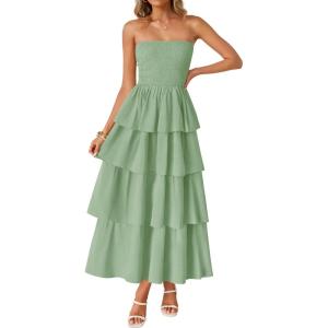 ZESICA Women‘s Summer Boho Strapless Maxi Dress 2026 Casual Sleeveless Off Shoulder Smocked Tiered Beach Long Sundress(Sage)