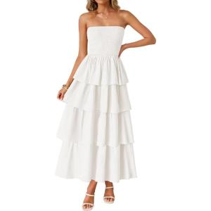 ZESICA Women‘s Summer Boho Strapless Maxi Dress 2026 Casual Sleeveless Off Shoulder Smocked Tiered Beach Long Sundress(White)