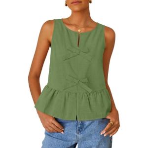 ZESICA Women’s Summer Sleeveless Tank Tops Crewneck Tie Front Loose Flowy Ruffle Peplum Babydoll Blouses(Armygreen)