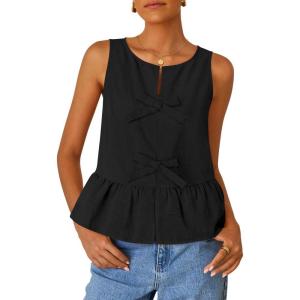 ZESICA Women’s Summer Sleeveless Tank Tops Crewneck Tie Front Loose Flowy Ruffle Peplum Babydoll Blouses(Black)