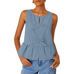 ZESICA Women’s Summer Sleeveless Tank Tops Crewneck Tie Front Loose Flowy Ruffle Peplum Babydoll Blouses(Dustyblue)