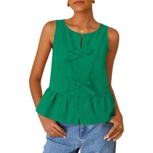 ZESICA Women’s Summer Sleeveless Tank Tops Crewneck Tie Front Loose Flowy Ruffle Peplum Babydoll Blouses(Green)