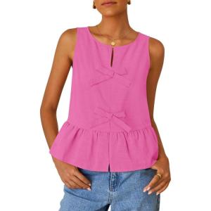 ZESICA Women’s Summer Sleeveless Tank Tops Crewneck Tie Front Loose Flowy Ruffle Peplum Babydoll Blouses(Hotpink)