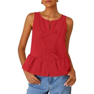 ZESICA Women’s Summer Sleeveless Tank Tops Crewneck Tie Front Loose Flowy Ruffle Peplum Babydoll Blouses(Red)