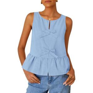 ZESICA Women’s Summer Sleeveless Tank Tops Crewneck Tie Front Loose Flowy Ruffle Peplum Babydoll Blouses(Sky)
