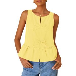 ZESICA Women’s Summer Sleeveless Tank Tops Crewneck Tie Front Loose Flowy Ruffle Peplum Babydoll Blouses(Yellow)