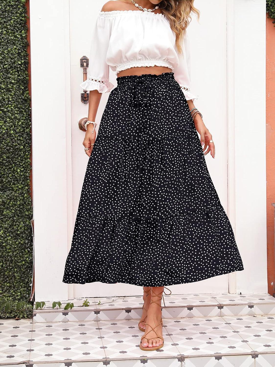 imageZESICA Womens 2026 Summer Bohemian Floral Printed Elastic Waist A Line Maxi Skirt with PocketsBlack
