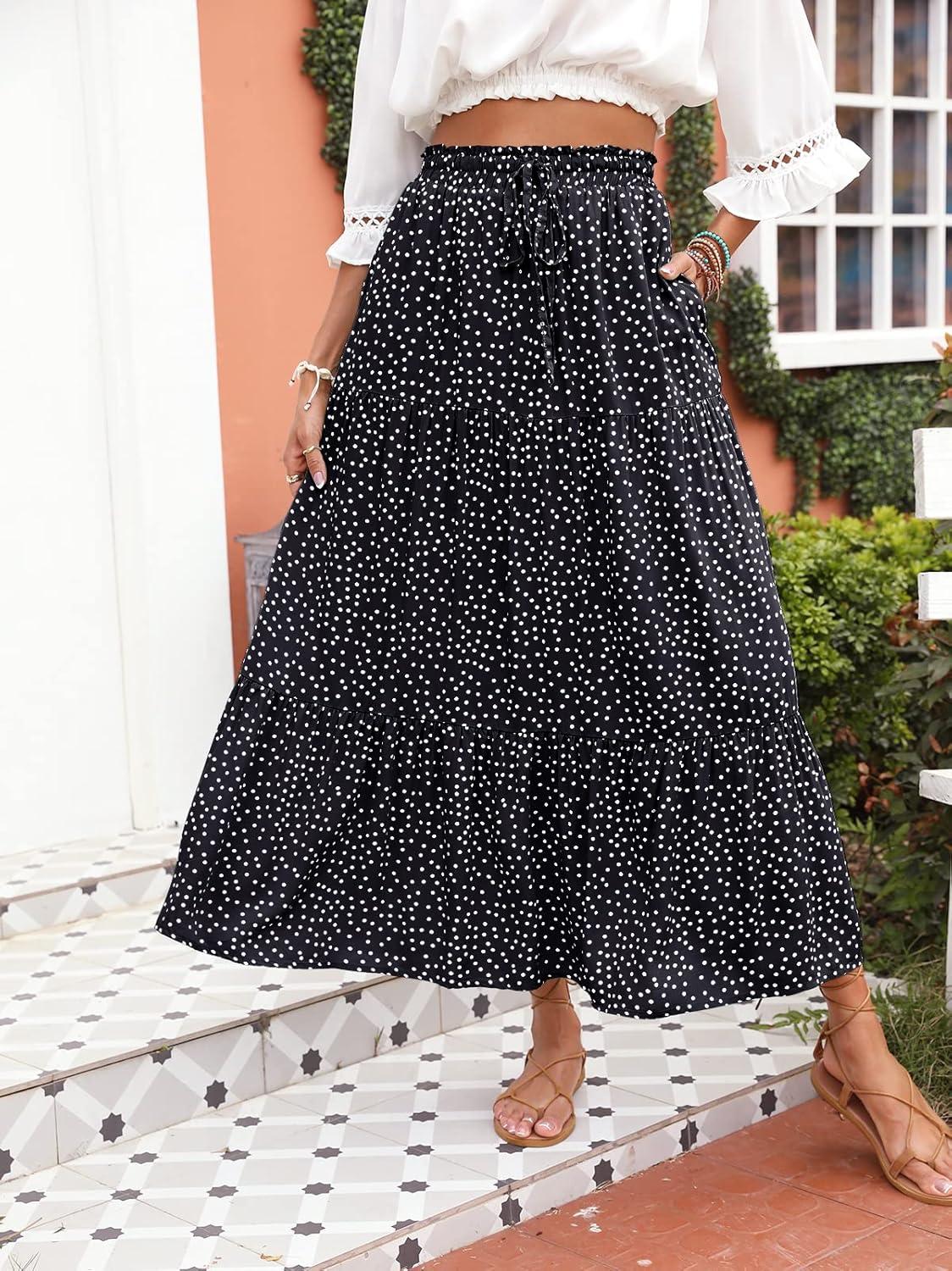 imageZESICA Womens 2026 Summer Bohemian Floral Printed Elastic Waist A Line Maxi Skirt with PocketsBlack