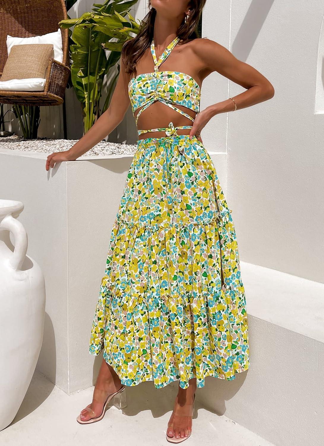 imageZESICA Womens 2026 Summer Bohemian Floral Printed Elastic Waist A Line Maxi Skirt with PocketsChartreuse
