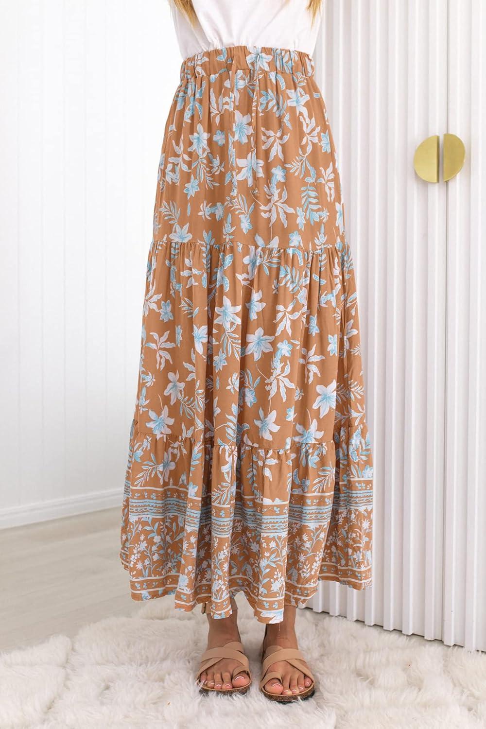 imageZESICA Womens 2026 Summer Bohemian Floral Printed Elastic Waist A Line Maxi Skirt with PocketsClay